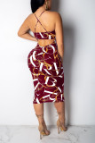Wine Red Chain Print Back Hollow Out Slip Dress