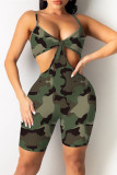 Coffee Fashion Sexy Print Hollowed Out Backless V Neck Sling Romper
