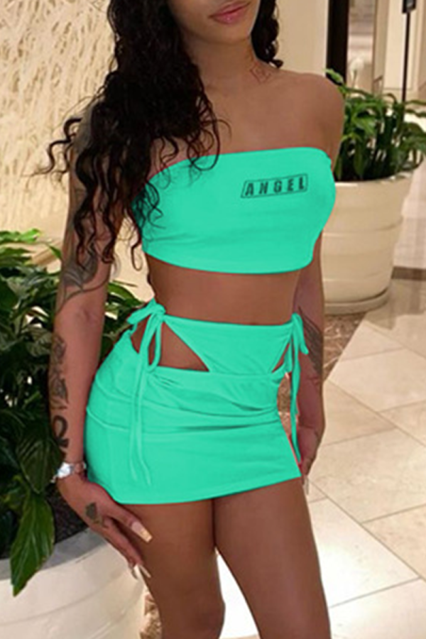 Mint green Sexy Print Split Joint Off the Shoulder Sleeveless Two Pieces