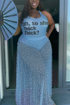 Blue Sexy Fashion Printed Plus Size Sleeveless Skirt Set