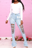 Baby Blue Fashion Casual Print Ripped High Waist Skinny Jeans