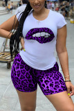 Red Fashion Street Print Leopard Lips Print Stitching O Neck Plus Size Two Pieces