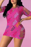 Pink Sexy Print Patchwork O Neck Straight Dresses