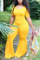 Yellow Fashion Sexy Tight Short Sleeve Plus Size Jumpsuit