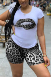 Red Fashion Street Print Leopard Lips Print Stitching O Neck Plus Size Two Pieces