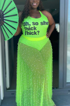 Green Sexy Fashion Printed Plus Size Sleeveless Skirt Set