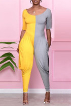 Yellow Fashion Casual Patchwork Backless O Neck Regular Jumpsuits