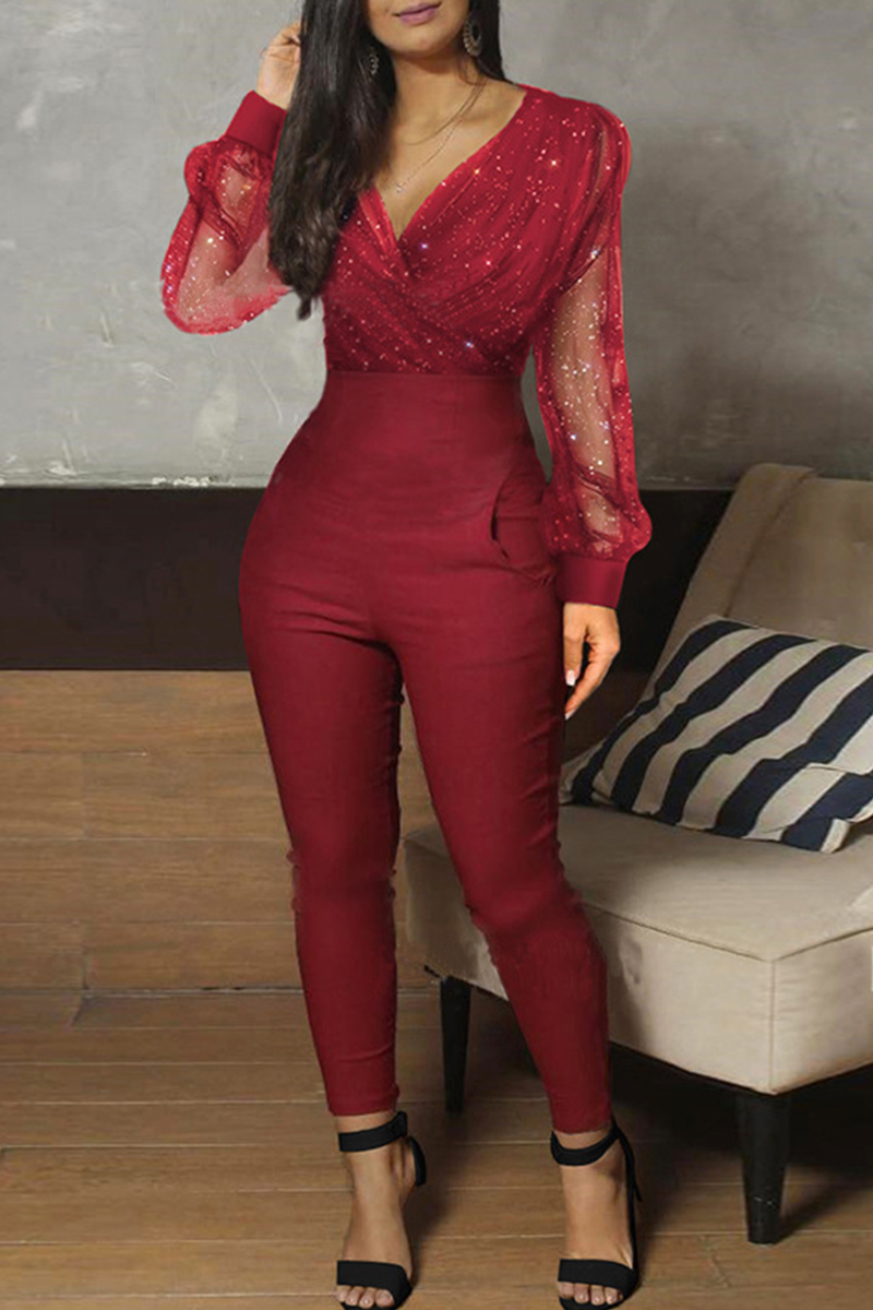 Fashion Sexy Mesh V Neck Red Long Sleeve Jumpsuit