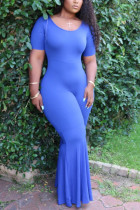 Blue Fashion Sexy Tight Short Sleeve Plus Size Jumpsuit