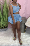 Light Blue Sexy Casual Solid Patchwork Spaghetti Strap Sleeveless Two Pieces