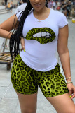 Yellow Fashion Street Print Leopard Lips Print Stitching O Neck Plus Size Two Pieces