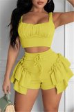Yellow Sexy Casual Solid Patchwork Spaghetti Strap Sleeveless Two Pieces