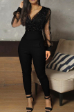 Red Fashion Sexy Mesh V Neck Long Sleeve Jumpsuit
