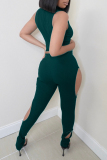 Green Sexy Casual Solid Hollowed Out Turtleneck Sleeveless Two Pieces