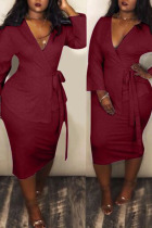 Wine Red Casual Long Sleeves Twilled Satin Two-piece Skirt Set