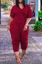 Burgundy Casual Solid Split Joint V Neck Straight Jumpsuits