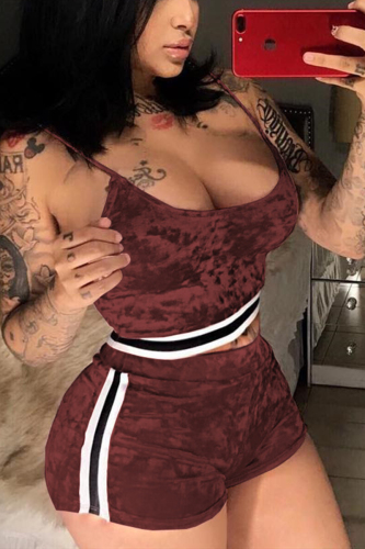 Wine Red Sexy Suspender Top Shorts Velvet Set