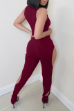 Burgundy Sexy Casual Solid Hollowed Out Turtleneck Sleeveless Two Pieces