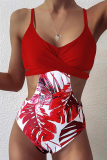 Red Sexy Print Hollowed Out Split Joint Swimwears