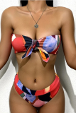 Red Sexy Print Embroidered Split Joint Swimwears