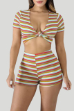 Multicolor Sexy Casual Striped Print Basic V Neck Short Sleeve Two Pieces