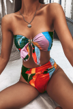 Blue Sexy Print Embroidered Split Joint Swimwears