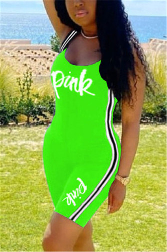 Fluorescent green Fashion Slim Alphabet Print Sleeveless Romper