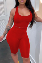 Red Fashion Casual Solid Basic U Neck Sleeveless Two Pieces