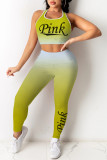 Yellow Casual Sportswear Letter Print Vests Pants O Neck Sleeveless Two Pieces