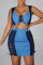 Blue Fashion Sexy Patchwork Strap Design V Neck Sleeveless Two Pieces