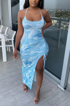 Light Blue Sexy Spaghetti Strap Sleeveless Slip Step Skirt Ankle-Length Print backless Dresses