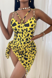 Yellow Sexy Print Patchwork Chains Swimwears Two Pieces