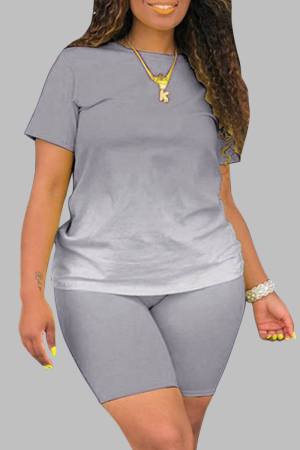 Grey Casual Patchwork Tie-dye O Neck Plus Size Two Pieces