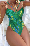 Green Sexy Print Patchwork Chains Swimwears Two Pieces
