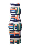 multicolor Work Spaghetti Strap Sleeveless V Neck A-Line Mid-Calf Print Club Dresses