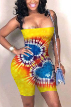 Yellow Sexy Tie-dye Printed Sling Backless Romper