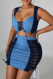 Blue Fashion Sexy Patchwork Strap Design V Neck Sleeveless Two Pieces