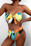 Yellow Sexy Print Embroidered Split Joint Swimwears