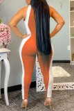 Orange Fashion Casual Patchwork Basic O Neck Regular Jumpsuits