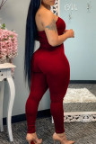 Burgundy Sexy Casual Solid Backless Strapless Skinny Jumpsuits