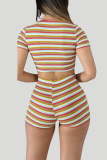 Multicolor Sexy Casual Striped Print Basic V Neck Short Sleeve Two Pieces