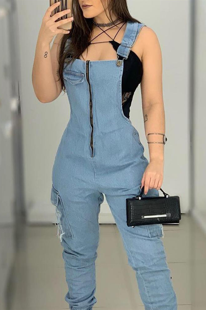 

Blue Fashion Casual Denim Strap Jumpsuit