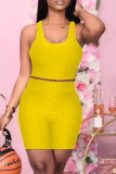 Yellow Sexy Solid Patchwork O Neck Sleeveless Two Pieces