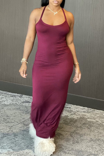 Fuchsia Sexy Casual Solid Backless Spaghetti Strap Sleeveless Dress