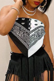 Black White Fashion Sexy Patchwork Print Backless Strapless Tops