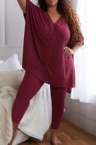Red Fashion Casual Solid Slit V Neck Plus Size Two Pieces