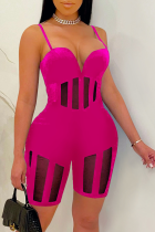 Rose Red Sexy Solid Mesh Spaghetti Strap Skinny Jumpsuits