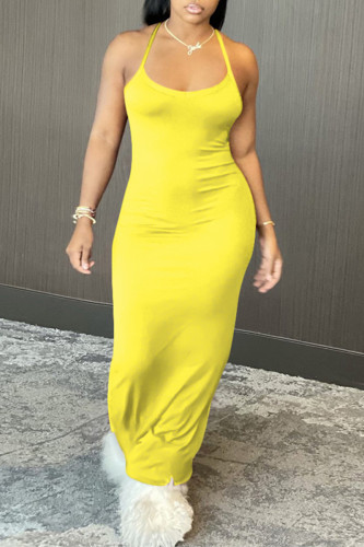 Yellow Sexy Casual Solid Backless Spaghetti Strap Sleeveless Dress