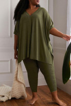 Green Fashion Casual Solid Slit V Neck Plus Size Two Pieces