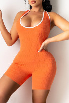 Orange Casual Sportswear Solid Backless O Neck Skinny Romper